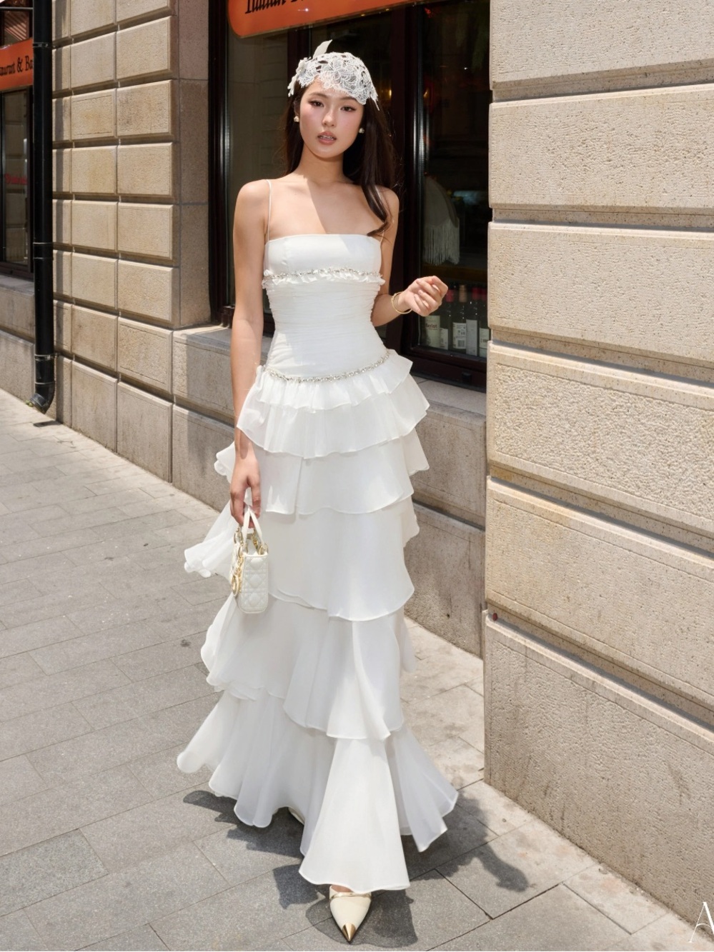 Marie Dress - Amelie - US 2 / Layered White Ruffle Maxi Dress with Gems